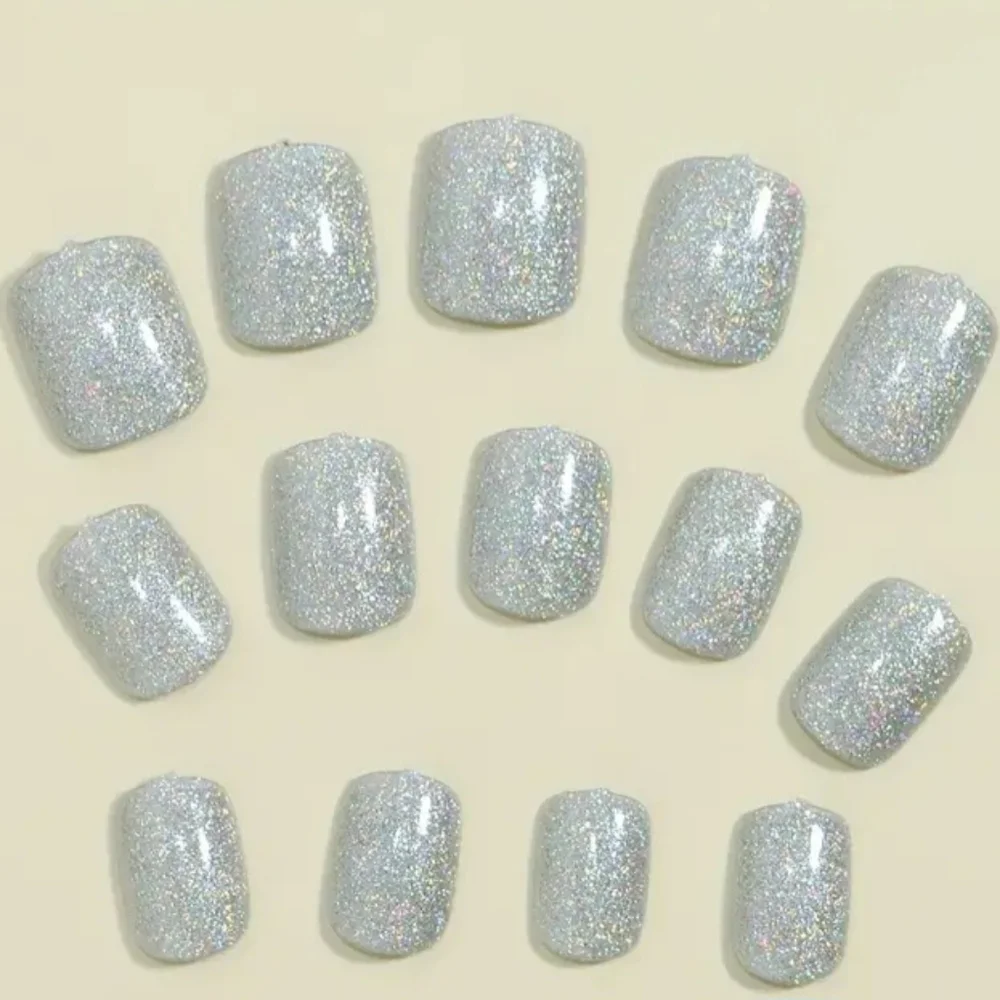 Glittery Silver Solid Press On Nails 24 ct.